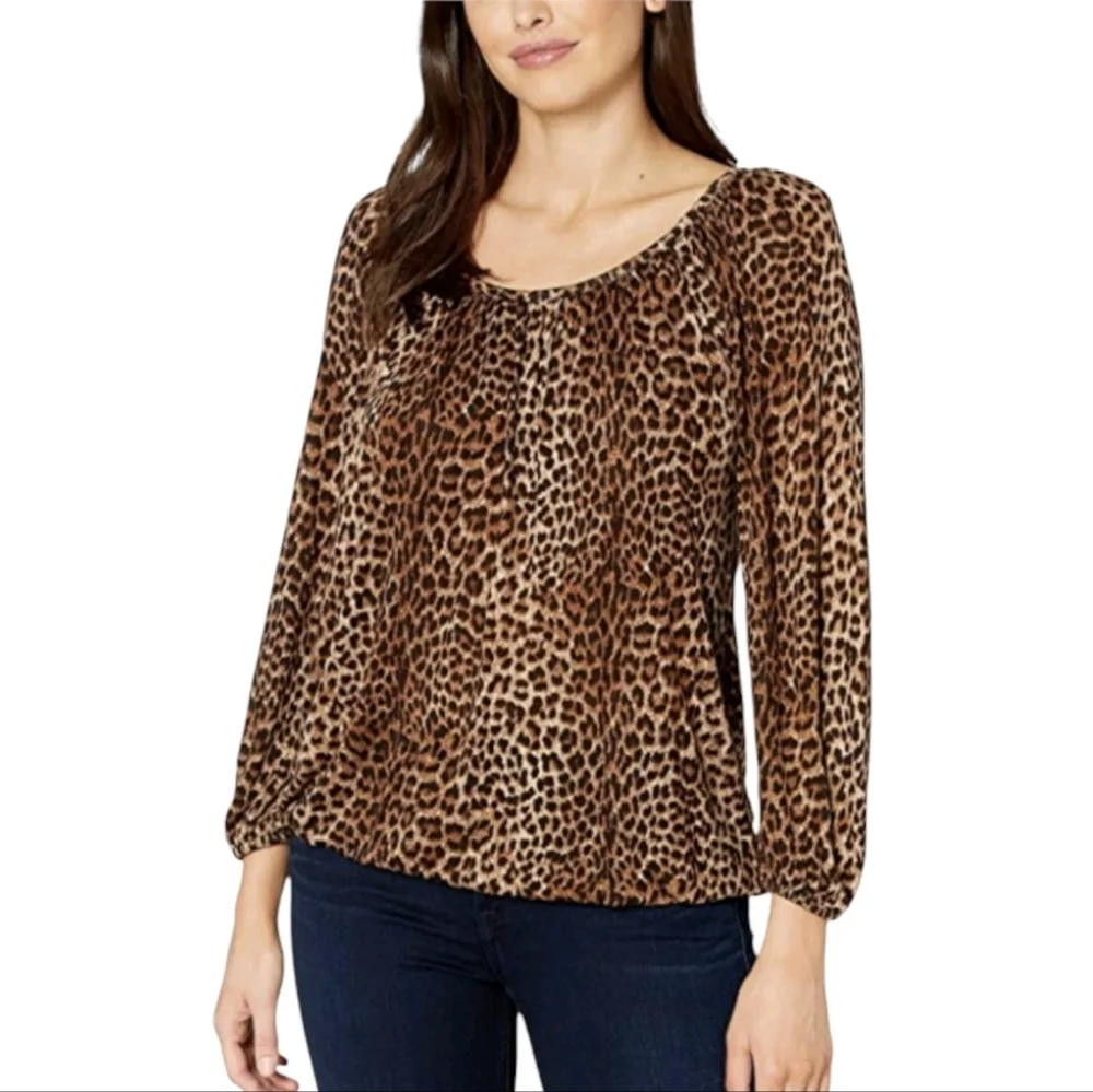 Michael Kors Leopard Printed Peasant Top Toffee 3/4 Sleeves